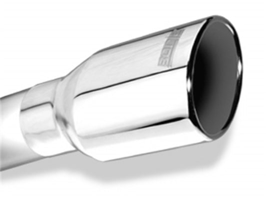 Borla 304 Stainless Steel 2.25" Inlet - 3" Single Round Rolled-Edge Angle-Cut Lined Outlet - 4.75" Long Tip T-304 Stainless Steel Embossed With Borla(r) Logo. Clamp On Mounting | 20154