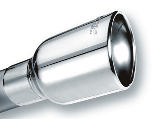 Borla 304 Stainless Steel 2.5" Inlet - 4" Single Round Rolled-Edge Angle-Cut Lined Outlet - 6.25" Long Tip T-304 Stainless Steel Embossed with Borla(r) Logo. Clamp On Mounting | 20156