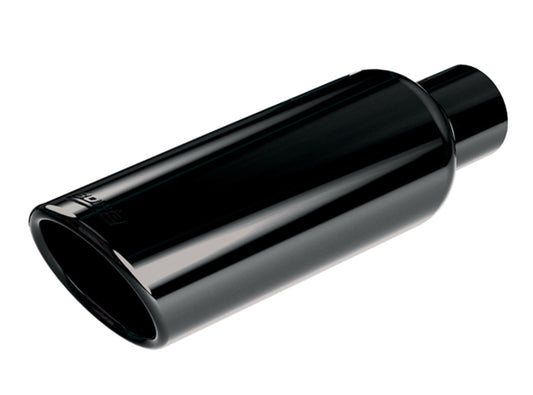 Borla 304 Stainless Steel 2.75" Inlet - 4" Single Round Rolled-Edge Angle-Cut Outlet - 14" Long Tip T-304 Stainless Steel With Black Chrome Finish. Embossed With Borla(r) Logo. Clamp | 20162