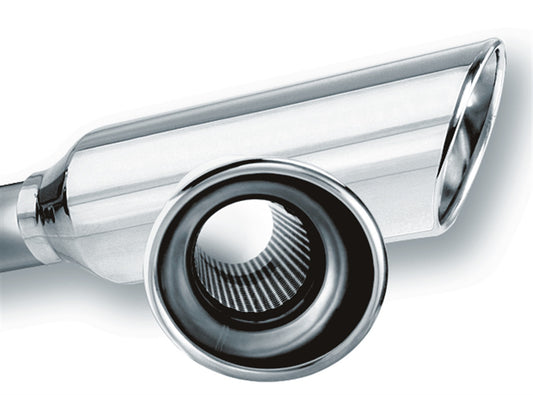 Borla 304 Stainless Steel 2.25" Inlet - 4" Single Round Rolled-Edge Angle-Cut Lined Resonated Outlet - 12" Long Tip T-304 Stainless Steel Embossed With Borla(r) Logo. Weld | 20248