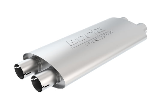 Borla 2.5" Dual Inlet/ 2.25" Dual Outlet, 4" x 9.5" Oval, 19" Long Body, 24" Overall Length. Internal X-Pipe. Universal Part. Reversible | 400493