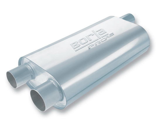 Borla 3" Offset Inlet/ Dual 2.5" Offset Outlets 6" x 10.25" Oval x 19" Long Body 24" Overall Length. Universal | 40474